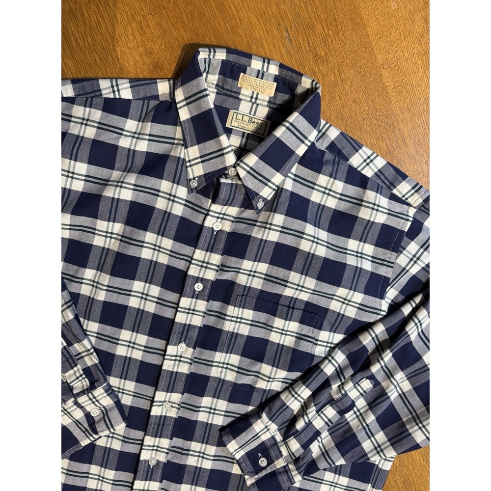 L.L.Bean USA OCBD‎ Shirt Mens 17.5 (2XL) Blue Plaid Oxford Button Down Vintage